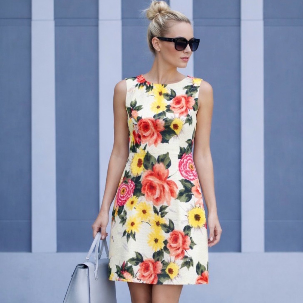 Eliza J Cream Floral Sleeveless A-Line Dress with Pink, Orange & Yellow Blooms